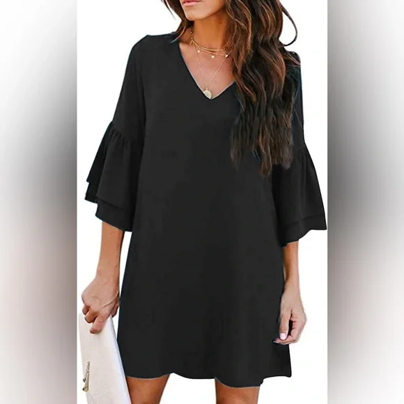 Women's V-neck Dress with Tiered Bell 3/4 Sleeves XXL - Picture 1 of 16